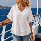 Frayed V-Neck Cotton-Linen Blouse