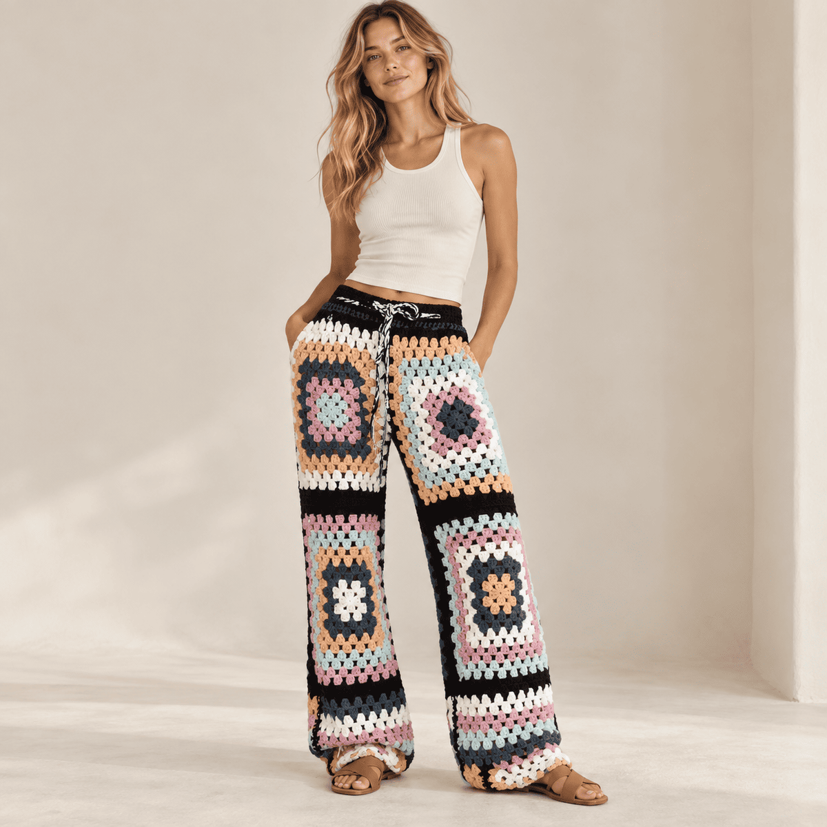 Retro Bloom Crochet Knit Pants