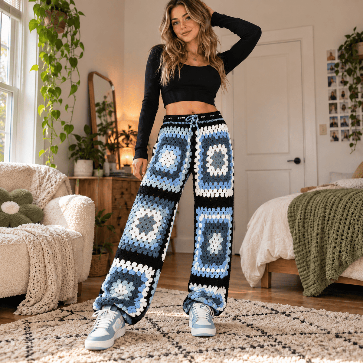 Retro Bloom Crochet Knit Pants