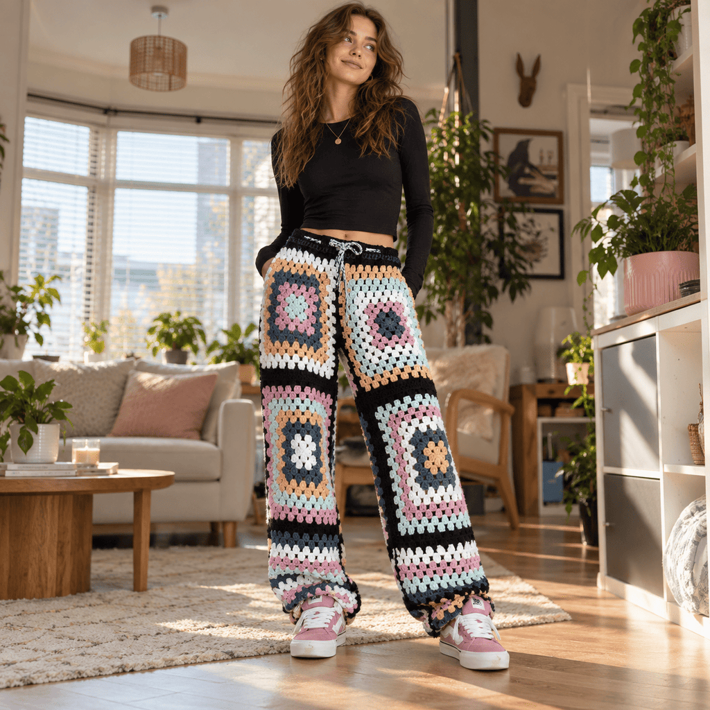 Retro Bloom Crochet Knit Pants