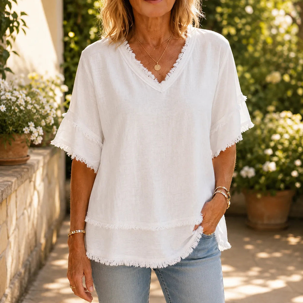 Frayed V-Neck Cotton-Linen Blouse