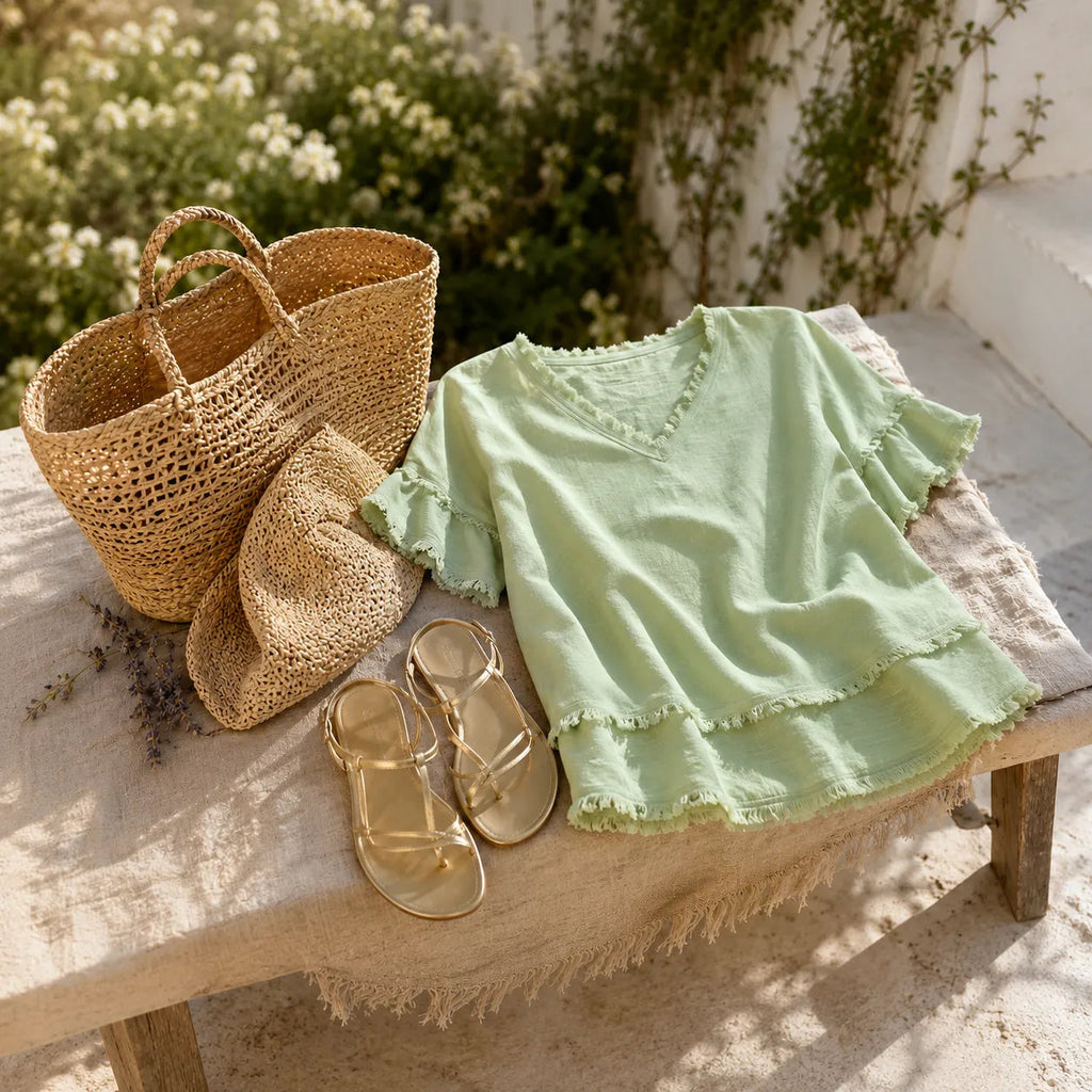 Frayed V-Neck Cotton-Linen Blouse