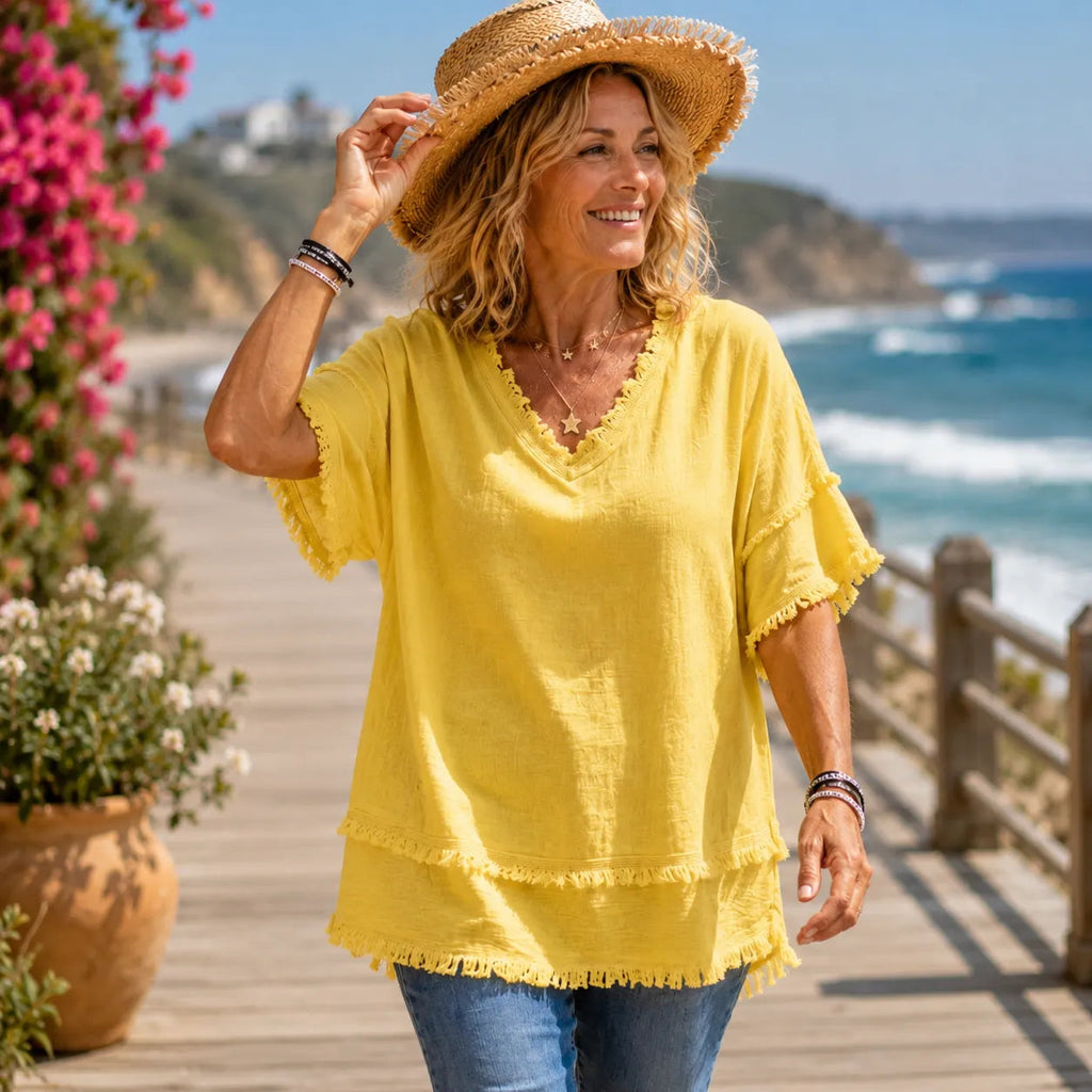 Frayed V-Neck Cotton-Linen Blouse
