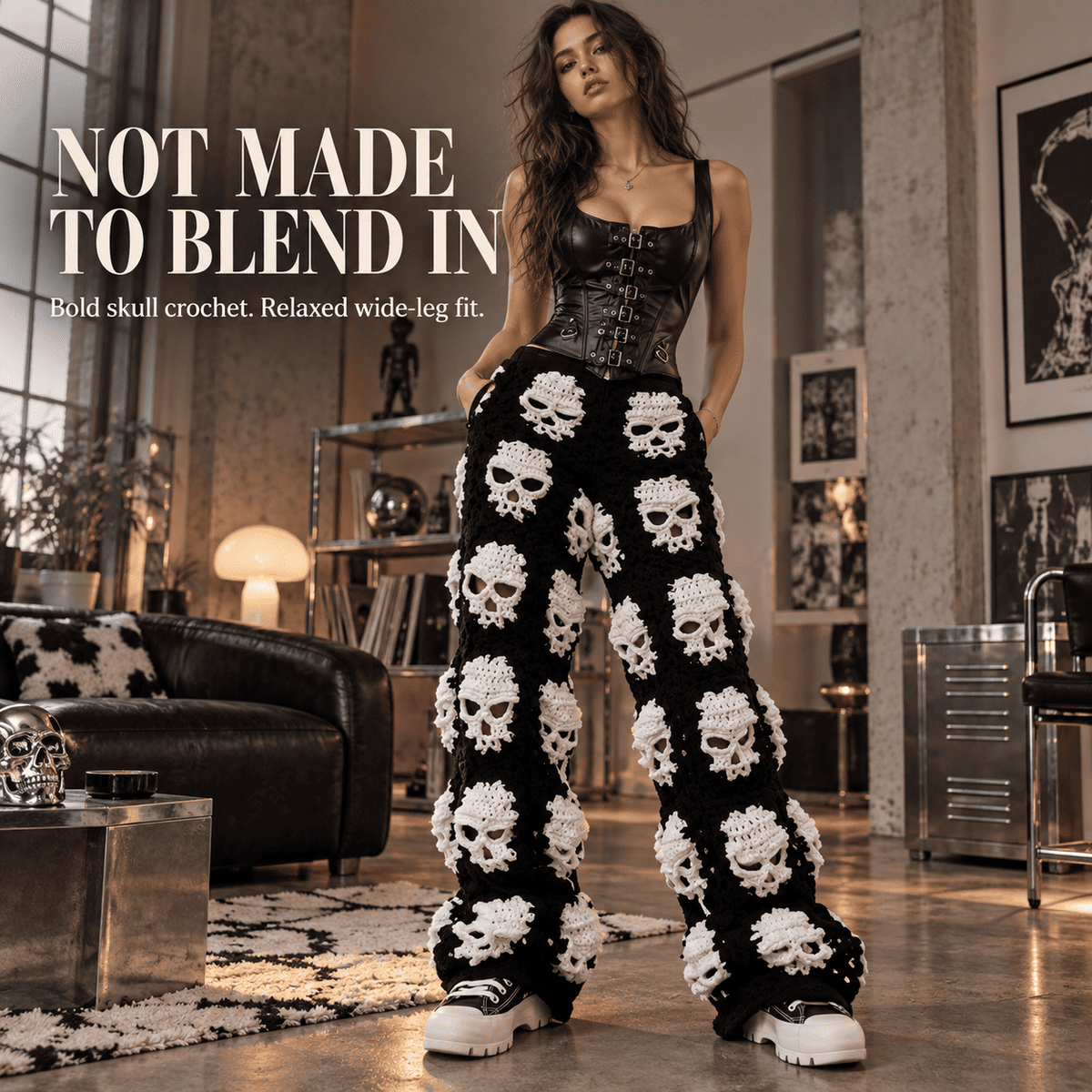 Skull Crochet Wide-Leg Pants