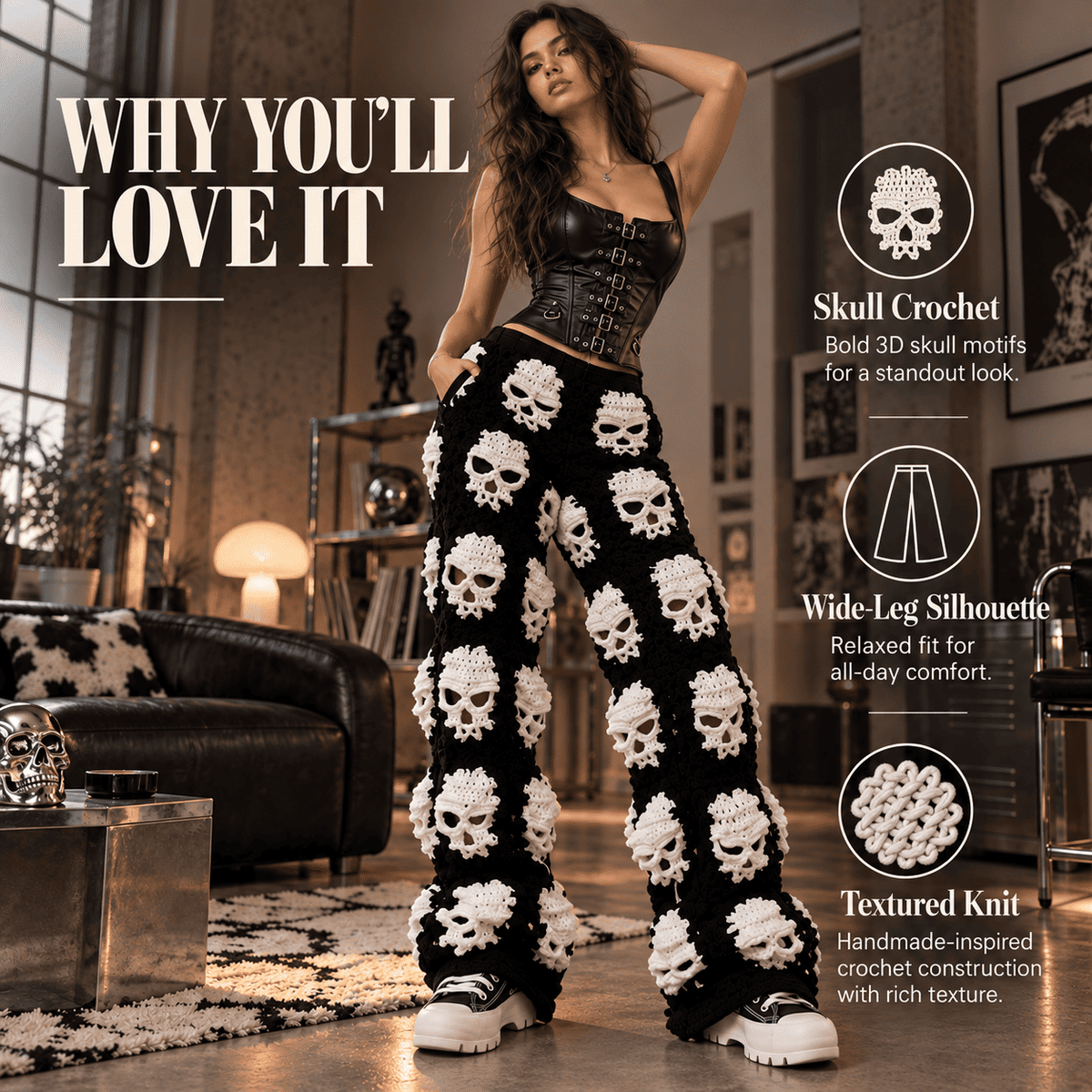 Skull Crochet Wide-Leg Pants